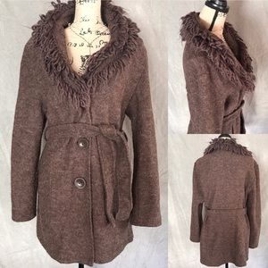 Cynthia Rowley chunky knit duster cardigan wool brown shaggy long boho belted